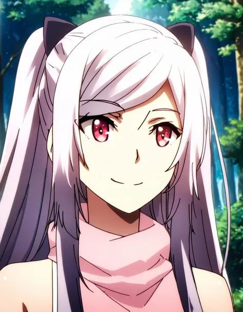 anime girl with long white hair and pink eyes in a forest