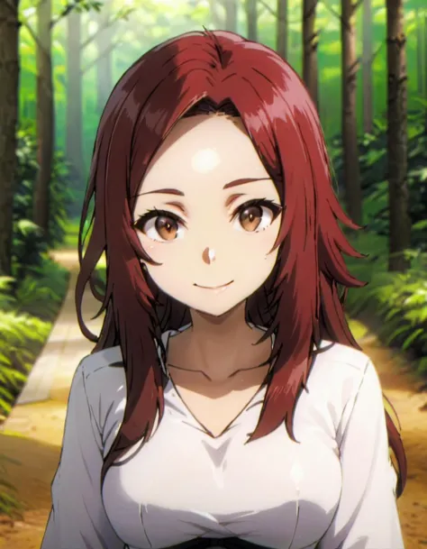 a woman with red hair and brown eyes standing in a forest