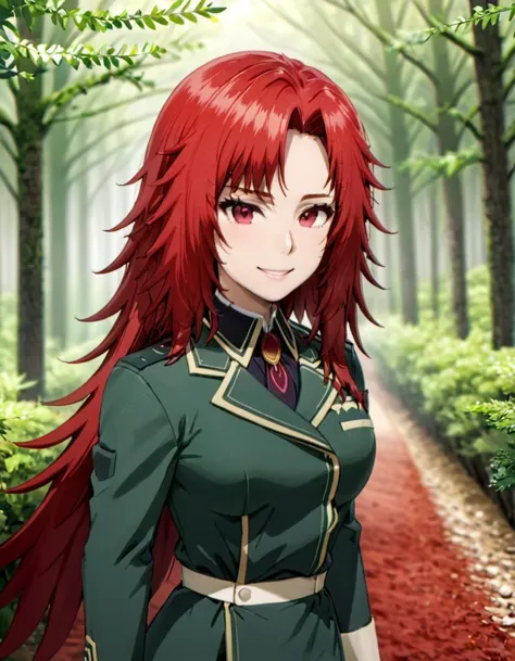 a woman with red hair and a green dress standing in a forest