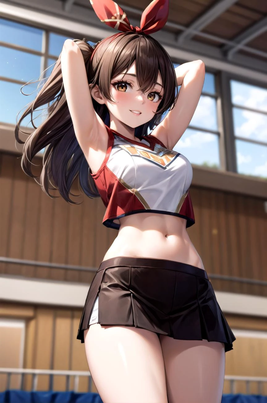 (masterpiece, best quality, detailed), 1girl, solo, looking at viewer, amberrnd, hair ribbon, brown hair, brown eyes,
cheerleader, pom pom \(cheerleading\), crop top, midriff, miniskirt, school gym, arms behind head, smile, parted lips