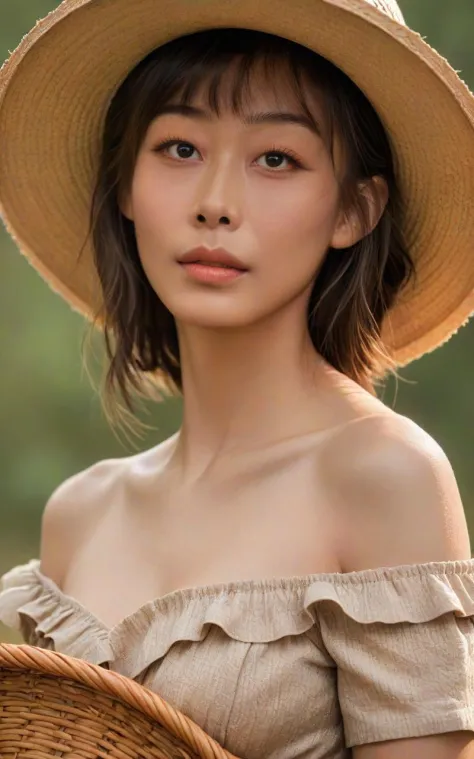 UHD, 4k, ultra detailed, cinematic, a photograph of (masterpiece,best quality,ultra high res:1.2),(photo-realistic:1.3),(beautiful face,exquisite face,skin texture:1.1),(Ruffled_off-the-shoulder_dress:1.5),(Straw_hat:1.4),(Basket_woven_bag:1.3),
side_light...