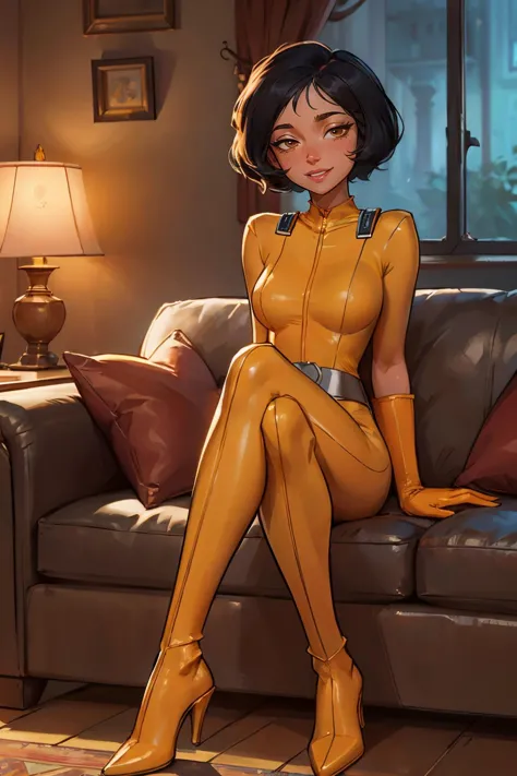 alex, totally spies, short black hair, brown eyes, yellow bodysuit, gloves, belt, heels, looking at viewer, smiling, sitting, leg raised, on sofa, inside cozy living room, lamp, soft lighting, high quality, masterpiece  <lora:brj-alex-v1:.8>