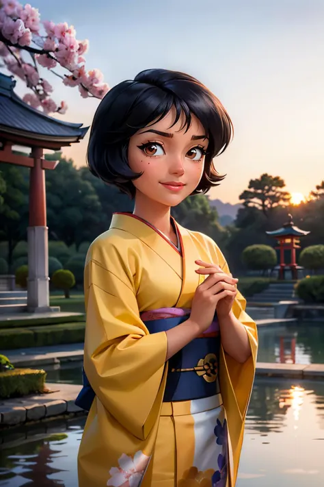 alex, totally spies, short black hair, brown eyes, traditional kimono, sash, long sleeves, looking at viewer, serious, smiling, standing, upper body shot, outside, garden, cherry blossom, pond, red torii, sunset, dusk, high quality, masterpiece  <lora:brj-alex-v1:.8>