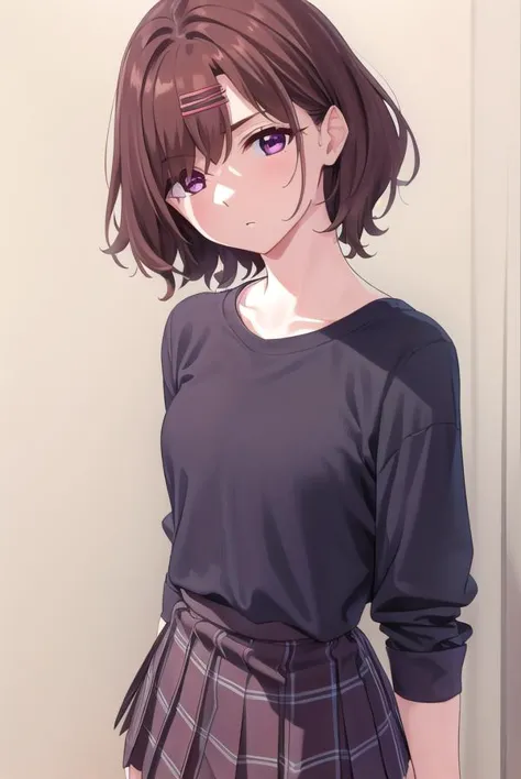 madokahiguchi, <lora:madokahiguchiyd-lora-nochekaiser:1>,
madoka higuchi yd, brown hair, eyebrows hidden by hair, grey background, hair ornament, hairclip, mole, mole under eye, (purple eyes:1.1), short hair, wavy hair,
BREAK black pantyhose, black shirt, pantyhose, plaid, plaid skirt, pleated skirt, school uniform, shirt, skirt,
BREAK indoors, bed,
BREAK looking at viewer, (cowboy shot:1.5),
BREAK <lyco:GoodHands-beta2:1>, (masterpiece:1.2), best quality, high resolution, unity 8k wallpaper, (illustration:0.8), (beautiful detailed eyes:1.6), extremely detailed face, perfect lighting, extremely detailed CG, (perfect hands, perfect anatomy),