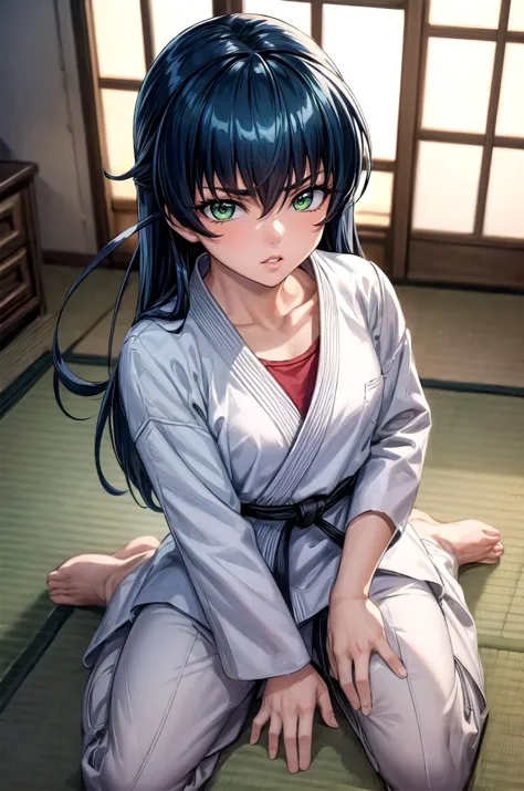 anime girl sitting on the floor in a kimono outfit