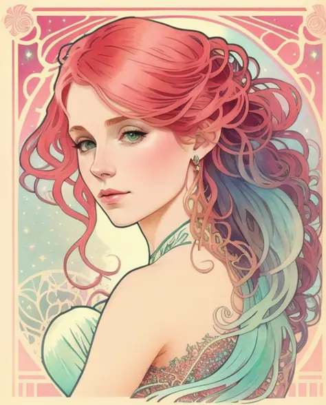 ariel, mermaid girl with a tail, red hair, pastel, glitter, dramatic, dreamy, pastel, watercolor, whimsical, delicate, seashell ...