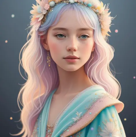 Princess girl with wing, Blue, Pastel, glitter, dramatic, dreamy, pastel, Watercolor, Whimsical, Delicate, seashell crown, Trending on Artstation, Highly detailed, Intricate, Portrait, digital painting, Fantasy theme, Fantasy robes, Fantasy concept art, Fantasy character art, Smug, Teenage girl, perfect body, full body, dreamy, pastel, Watercolor, Whimsical, Delicate, seashell crown, art by loish and lois van baarle, Trending on Artstation, Highly detailed, Intricate, Portrait, digital painting