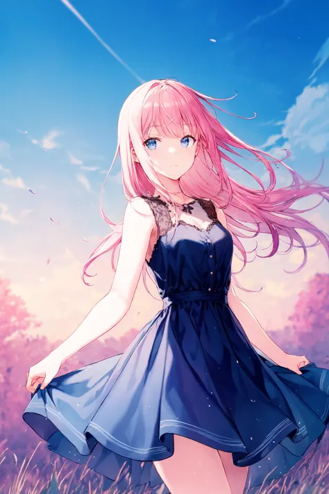 a girl in a blue dress standing in a field with pink hair