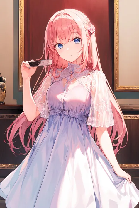 anime girl in a blue dress holding a knife in front of a painting