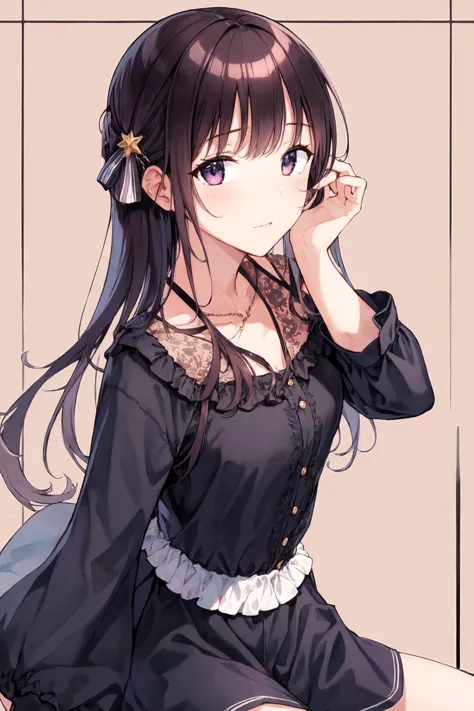 anime girl with long black hair and a black dress