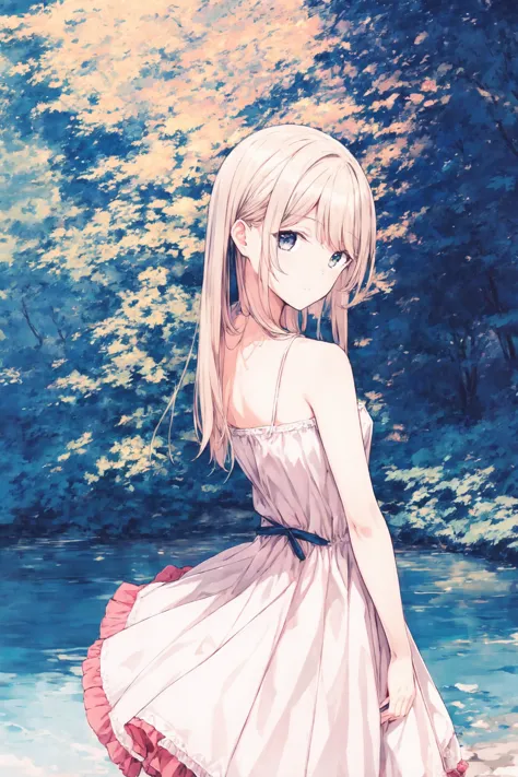 anime girl in a pink dress standing in front of a river