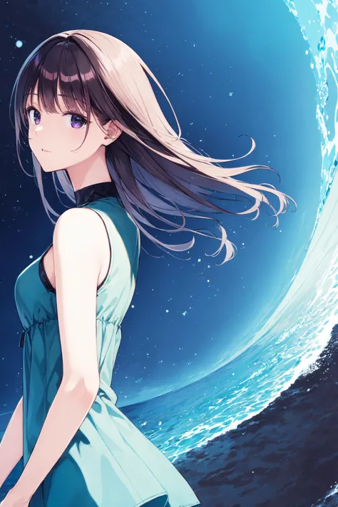 anime girl standing in front of a blue ocean with a wave