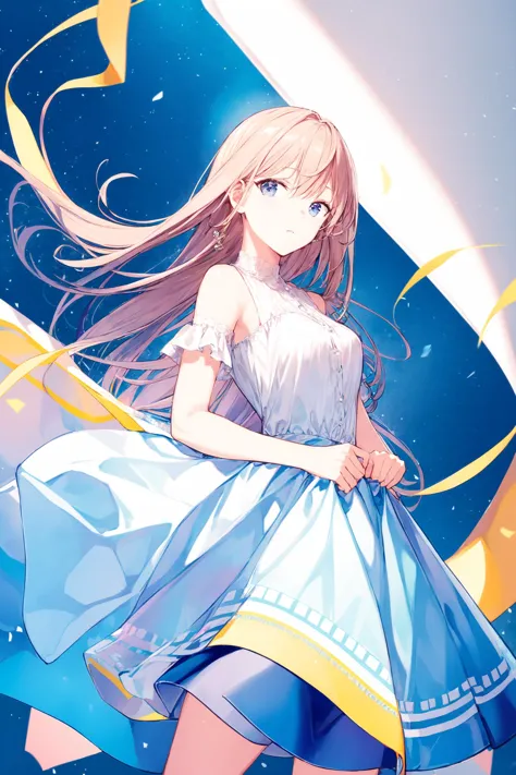 anime girl in a blue dress with a yellow ribbon