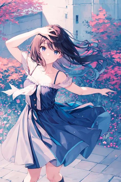 anime girl in a dress dancing in a garden with flowers