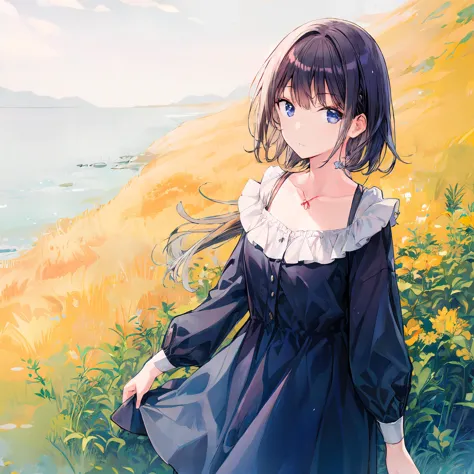 anime girl in a black dress standing on a hill overlooking the ocean