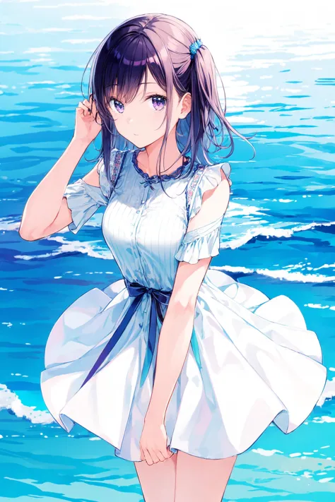 anime girl in a white dress standing on the beach