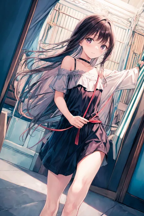 anime girl with long hair and a black dress holding a red leash