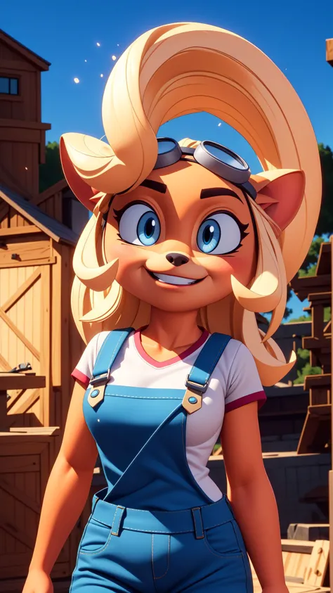 <lora:coco:0.8>,coco,furry,yellow fur,breasts,long hair,looking at viewer,blush,goggles on head,smile,overalls,body fur,two-tone fur,(masterpiece:1.2),(best quality),(ultra detailed),(8k, 4k, intricate),(full-body-shot:1),(Cowboy-shot:1.2),(85mm),light particles,lighting,(highly detailed:1.2),(detailed face:1.2),(gradients),colorful,(detailed background),detailed landscape,(dynamic angle:1.2),(dynamic pose:1.2),(rule of third_composition:1.3),(Line of action:1.2),