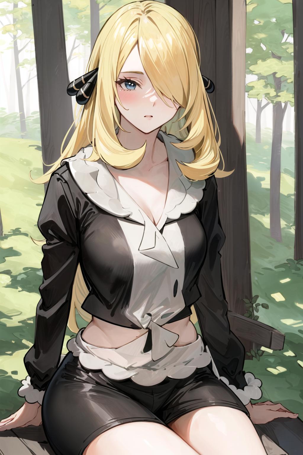 Anime girl sitting on a bench in the woods with a black and white shirt -  SeaArt AI