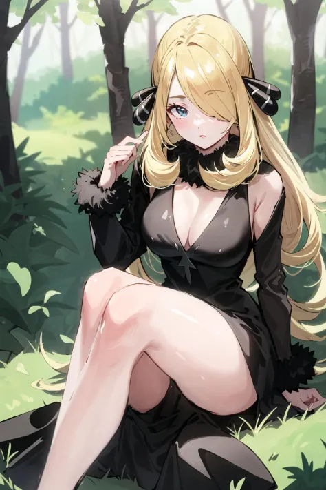 (masterpiece, best quality:1.2), (extremely detailed:1.2), cynthia //(pokemon)//,blonde hair, hair covering one eye, hair ornament, <lora:cynthia_v1_2:0.55>, sitting in the forest
