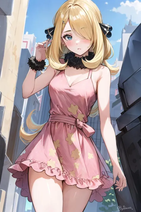(masterpiece, best quality:1.2), (extremely detailed:1.2), cynthia //(pokemon)//,blonde hair, hair covering one eye, hair ornament, <lora:cynthia_v1_2:0.55>, city, pink dress