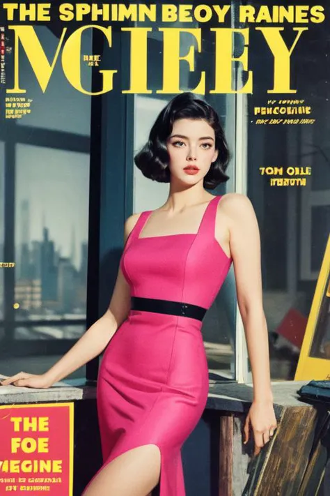 a woman in a pink dress is posing on a magazine cover