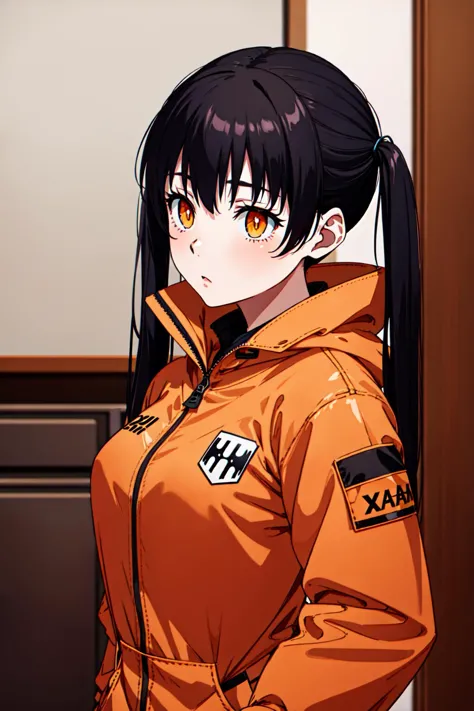 1girl, solo, <lora:Tamaki Kotatsu_V2-000005:0.8>, Tamaki Kotatsu, twintails, black hair, long hair, bangs, blush, orange eyes, o...