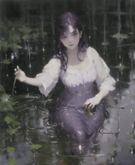 painting of a woman in a purple dress sitting in a pond