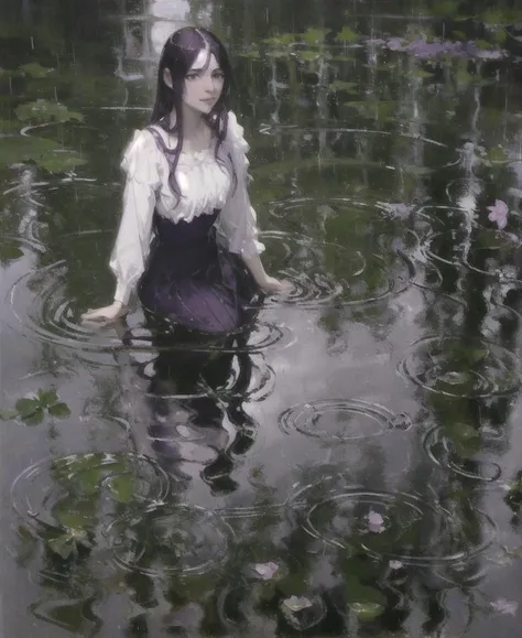 depth of field, 1girl, long dress, dark purple hair, no bangs,  <lora:raincore:0.7> , raincore, rain, water, reflection, vibrant...