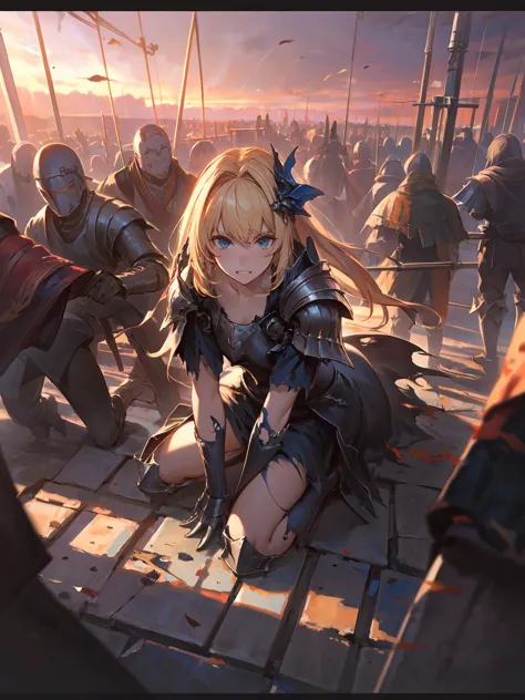 masterpiece,best quality,highres,<lora:CygamesJeanneV4:0.7>,torn flag on ground,sword,holding,flock,crowd,from above,depth of field,cinematic lighting,dynatic angle,dramatic angle,defeated,sunset,dusk,despair,blonde hair,blue eyes,hair ornaments,costume5,armor,battlesuit,torn pontyhose,teeth,kneeling,portrait,surrounded by enemies,torn clothes