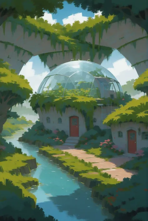 anime style digital painting, cozy,cheerful fantasy settlement in a hydroponic farm domes<lora:envystarlightdigitalpainting02:1>