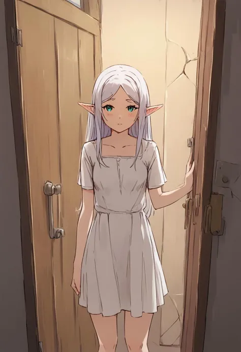 a cartoon image of a girl in a short dress standing in a doorway