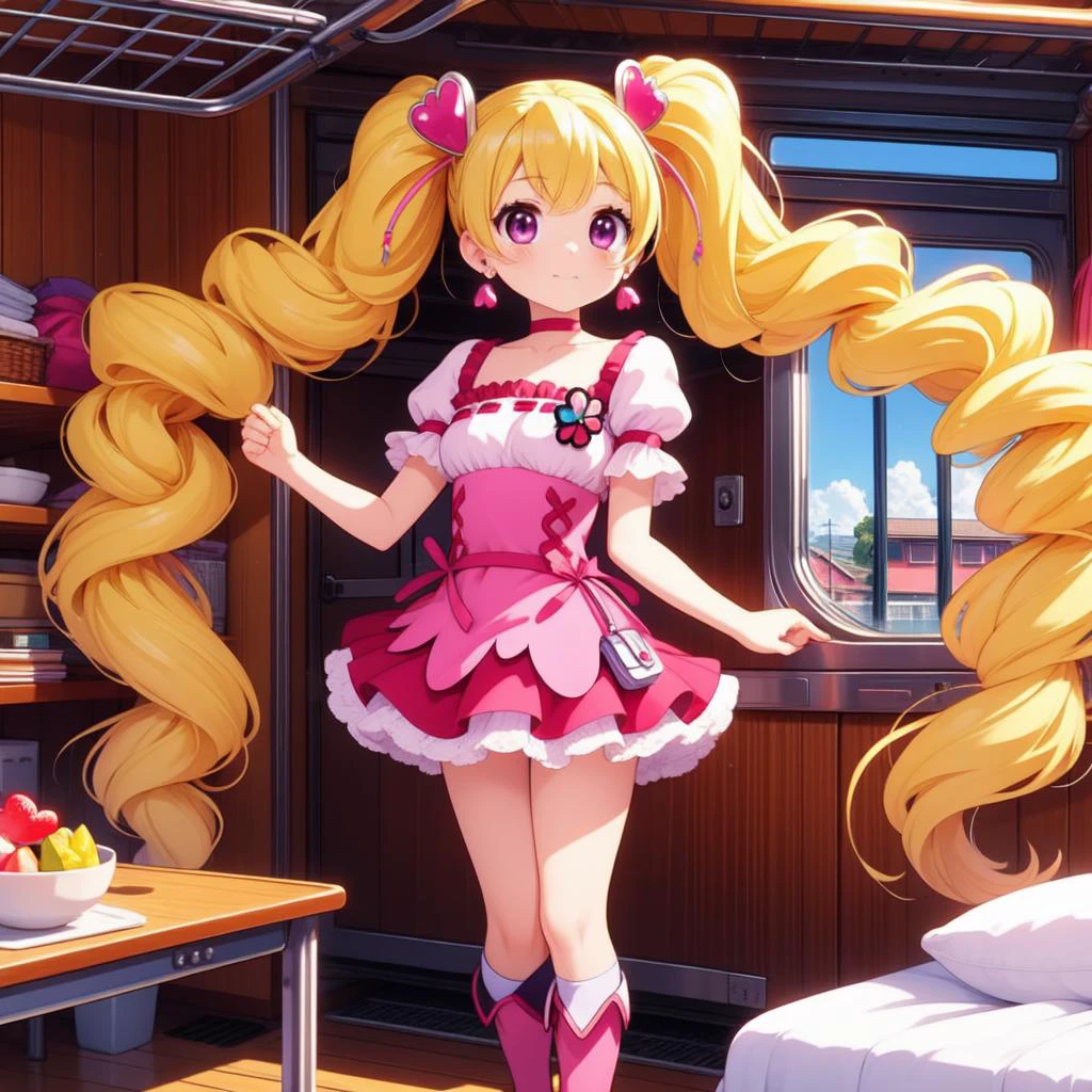 (masterpiece, best quality, detailed:1.5), (cure peach:1.3) twintails, puffy short sleeves, ribbon choker, pink boots, earrings,  train roomette, bunk bed, pajamas, looking out the big window, breakfast on table, wooden wall, BREAK purple theme background, unusual event in background