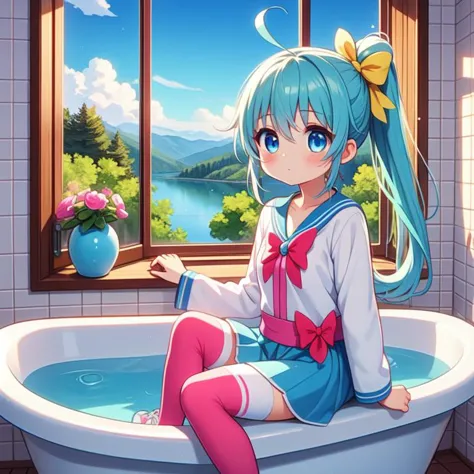 (masterpiece, best quality, detailed:1.5), skyblue theme, 1girl,  <lora:girllikebathroomwindow:0.8> bathroom window, from side, ...