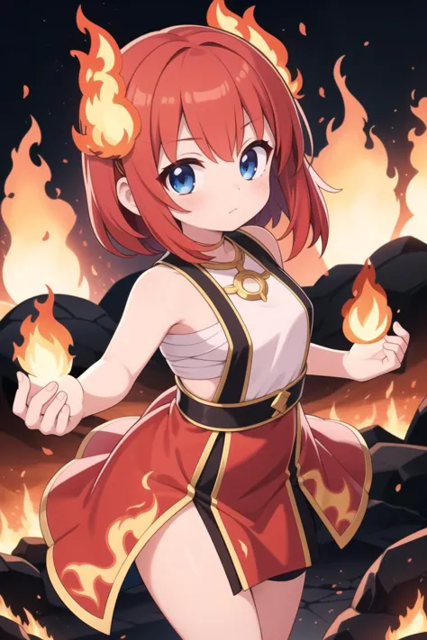 masterpiece, best quality, ultra detailed, anime style, In a volcanic landscape, a cute girl channels the power of fire, flames ...