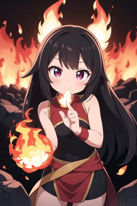 a girl with long black hair holding a fire ball in her hand