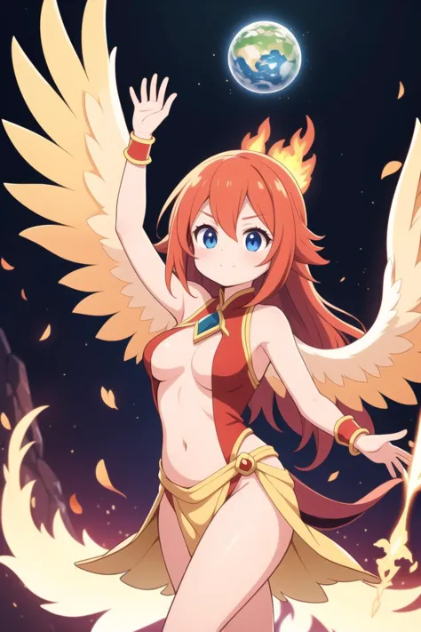 masterpiece, best quality, ultra detailed, anime style, Across dimensions, a cute Phoenix Sorceress emerges with fiery plumage and mystical powers. As she navigates Earth, her flames dance with controlled grace, symbolizing rebirth and bringing an otherwor...