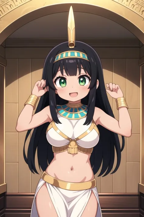 masterpiece, best quality, ultra detailed, anime style, 1girl, young, cute, (tanned skin), egyptian girl, egyptian outfit, medium long hair, black hair, green eyes, medium large breasts, egyptian tomb, indoor, large room, illustrated walls, warm colors, be...