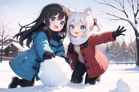 masterpiece, best quality, ultra detailed, anime style, 2girl, young, cute, snow balls, playing with snow, having fun, winter cl...