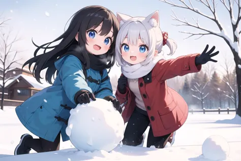 masterpiece, best quality, ultra detailed, anime style, 2girl, young, cute, snow balls, playing with snow, having fun, winter clothes, warm clothes, coat, gloves, outdoor, snow, winter, warm colors, motion, movement, beautiful face, happy