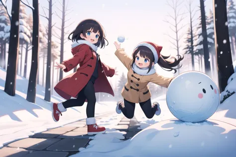 masterpiece, best quality, ultra detailed, anime style, 2girl, young, cute, doing a snowball battle, (throwing snow ball), snow ...
