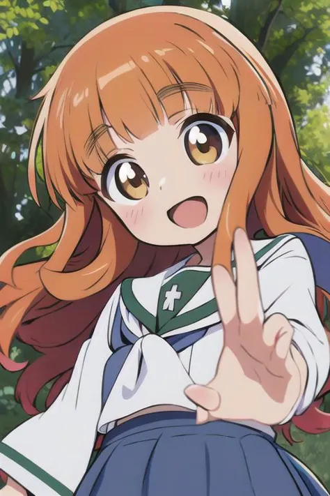 a close up of a girl in a uniform making a peace sign