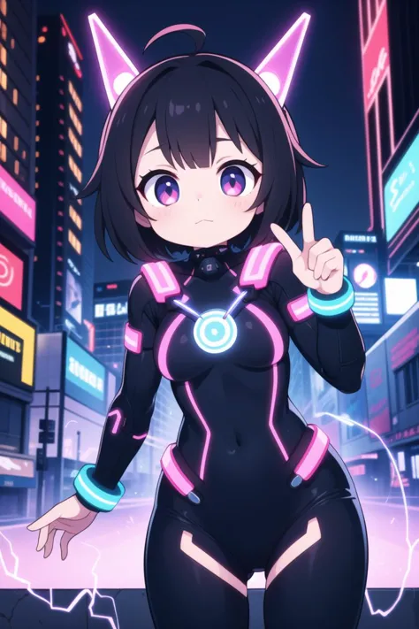 masterpiece, best quality, ultra detailed, anime style, Within a high-tech city, a cute girl commands electricity, sparks cascad...