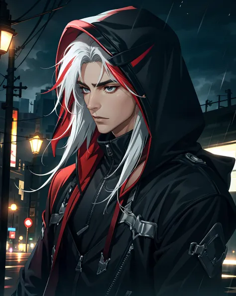 a woman with white hair and red hoodie standing in the rain