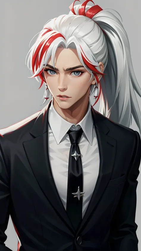 yone, solo, long hair, looking at viewer, shirt, 1boy, closed mouth, jacket, white shirt, ponytail, white hair, male focus, red hair, multicolored hair, necktie, collared shirt, grey background, black jacket, gradient, grey eyes, formal, suit, black necktie,  <lora:Heartsleet_Yone:0.7>, (best quality), (masterpiece), upper body,