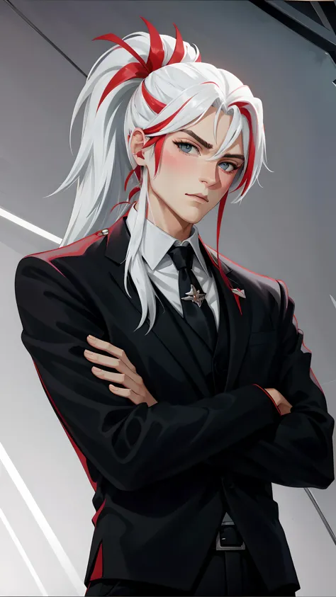 anime character with white hair and red and black tie