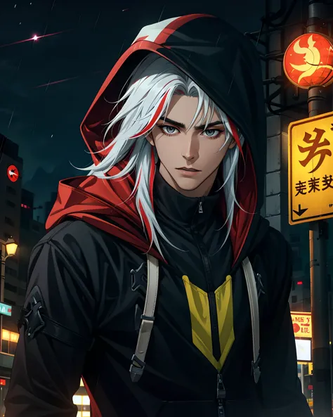 anime character with white hair and red hoodie standing in the street