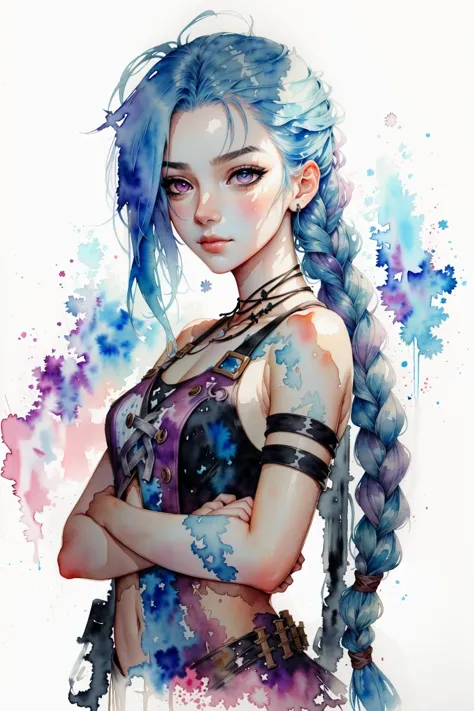 watercolor \(medium\),masterpiece, best quality, arms crossed, 1girl,painting of <lora:JinxLol:0.8>, jinxlol, solo ,sfw, intrica...