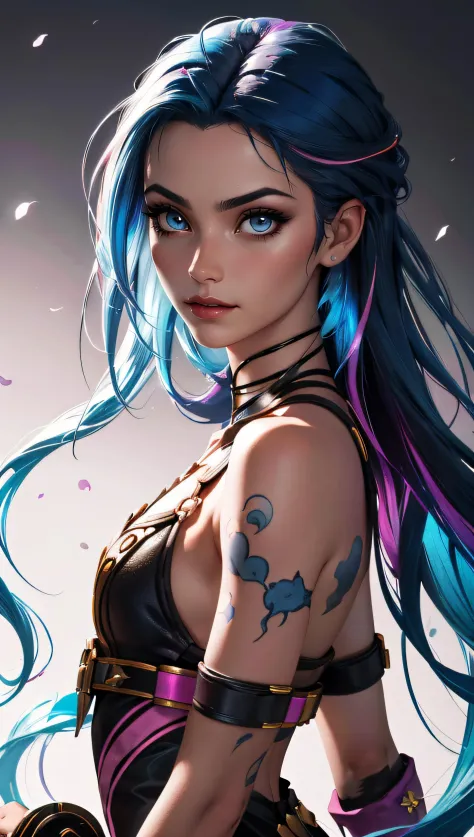 (best quality, masterpiece, perfect face, colorful, dynamic angle, highest detailed face)(Jinx, Legue of Legends, Arcane) upper body, professional photo, award winning fashion photography of sexy, intense blue long hair, Jinx  <lora:jinxLeagueOfLegends_v10...