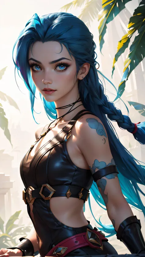 (best quality, masterpiece, colorful, dynamic angle, highest detailed)(Jinx, Legue of Legends, Arcane) upper body professional photo, award winning fashion photography of sexy, intense blue long hair, Jinx  <lora:jinxLeagueOfLegends_v10:1>, Legue of Legend...